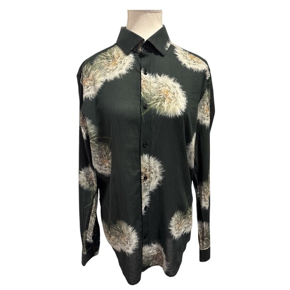 REISS Apache - Mens Dandelion Print Organic Cotton Shirt in Black Slim Fit Sz L - Picture 5 of 11